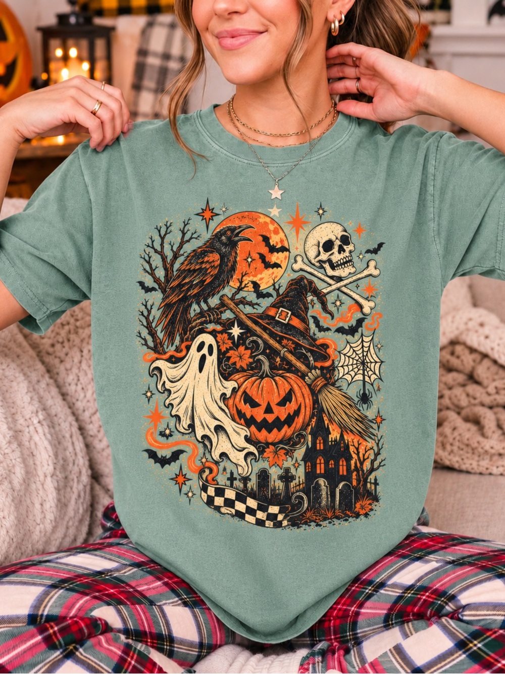 Comfort Colors 1717 Retro Spooky Halloween Graphic T-Shirt Green NWT